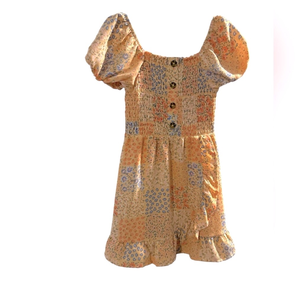 Wonder Nation peach Floral Puff Sleeve girls  Dress with smocking size XS 4-5